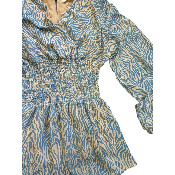 Just U In Blue Zebra Print Romper Medium Long Sleeve Smocked Waist Boho Festival - Picture 3 of 10